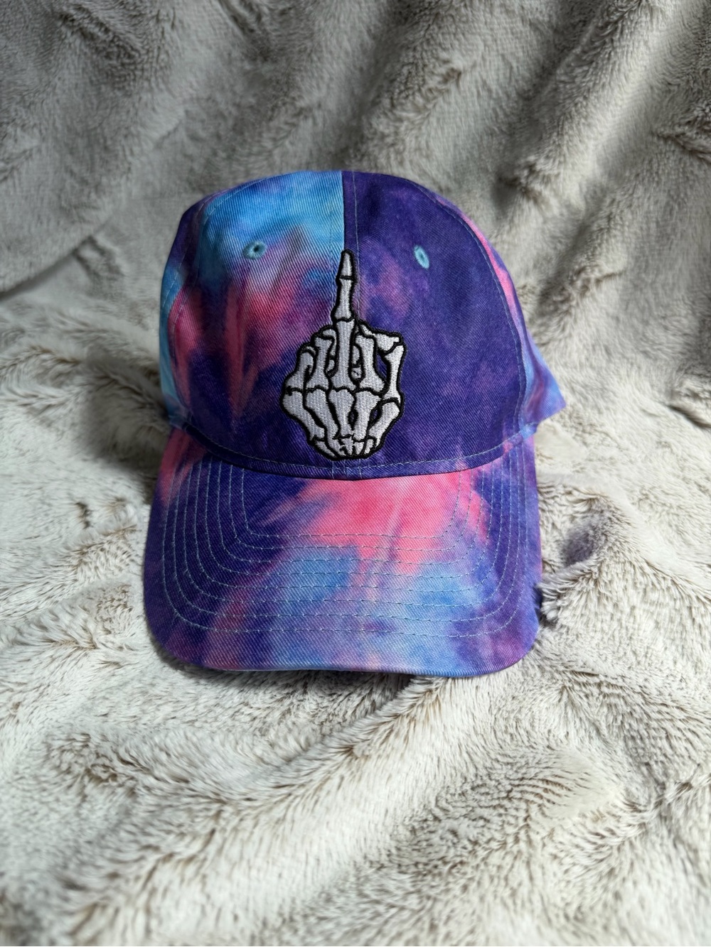 Tie-Dye Purple Pink Blue Cap with Skeleton Middle Finger Patch